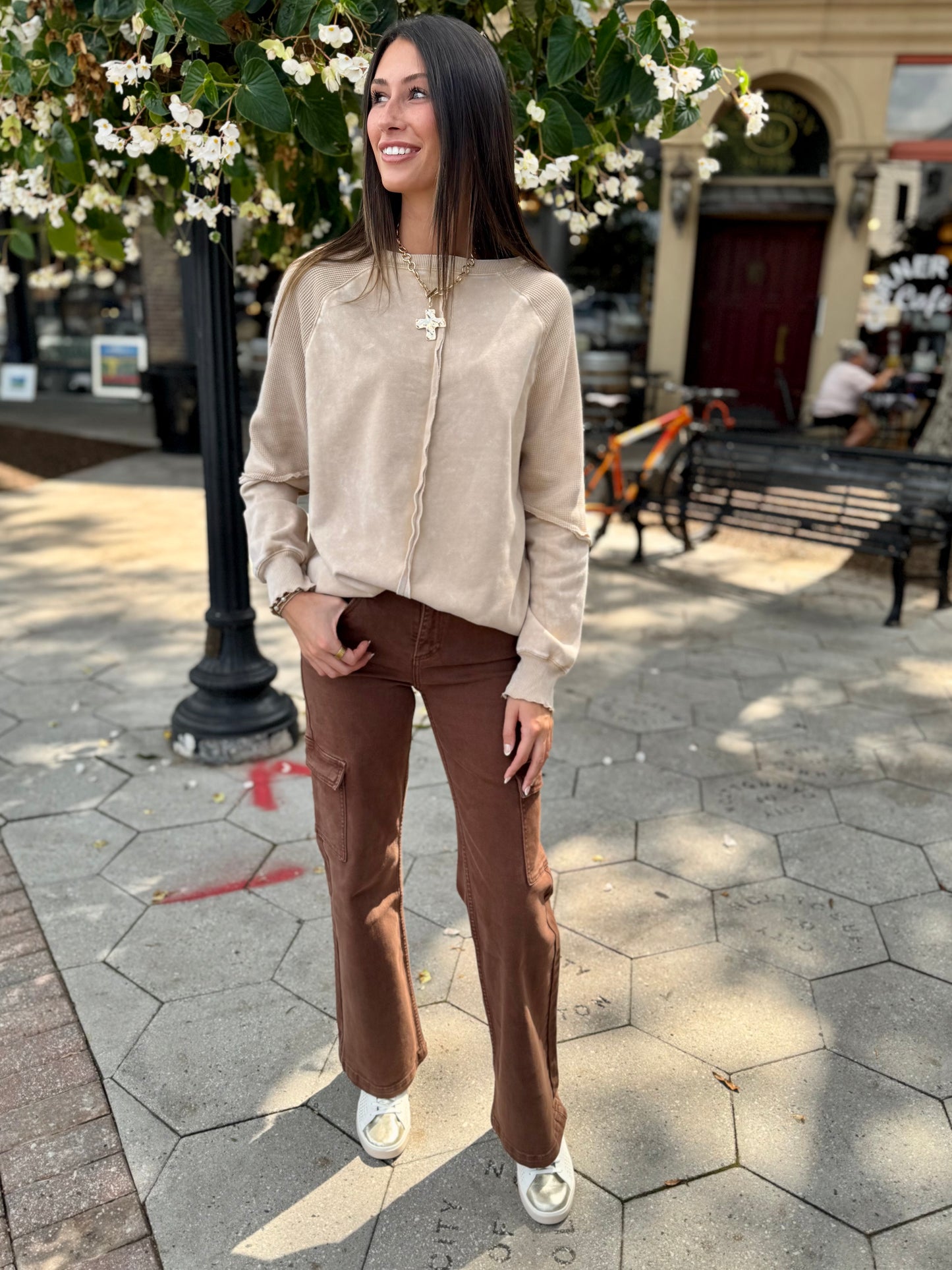 Beige waffle raglan sweatshirt