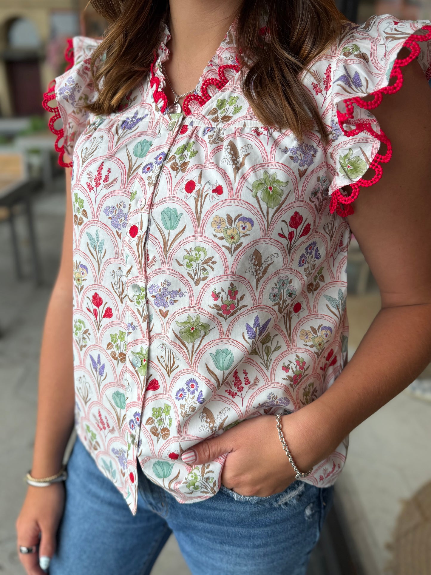 Red botanical top