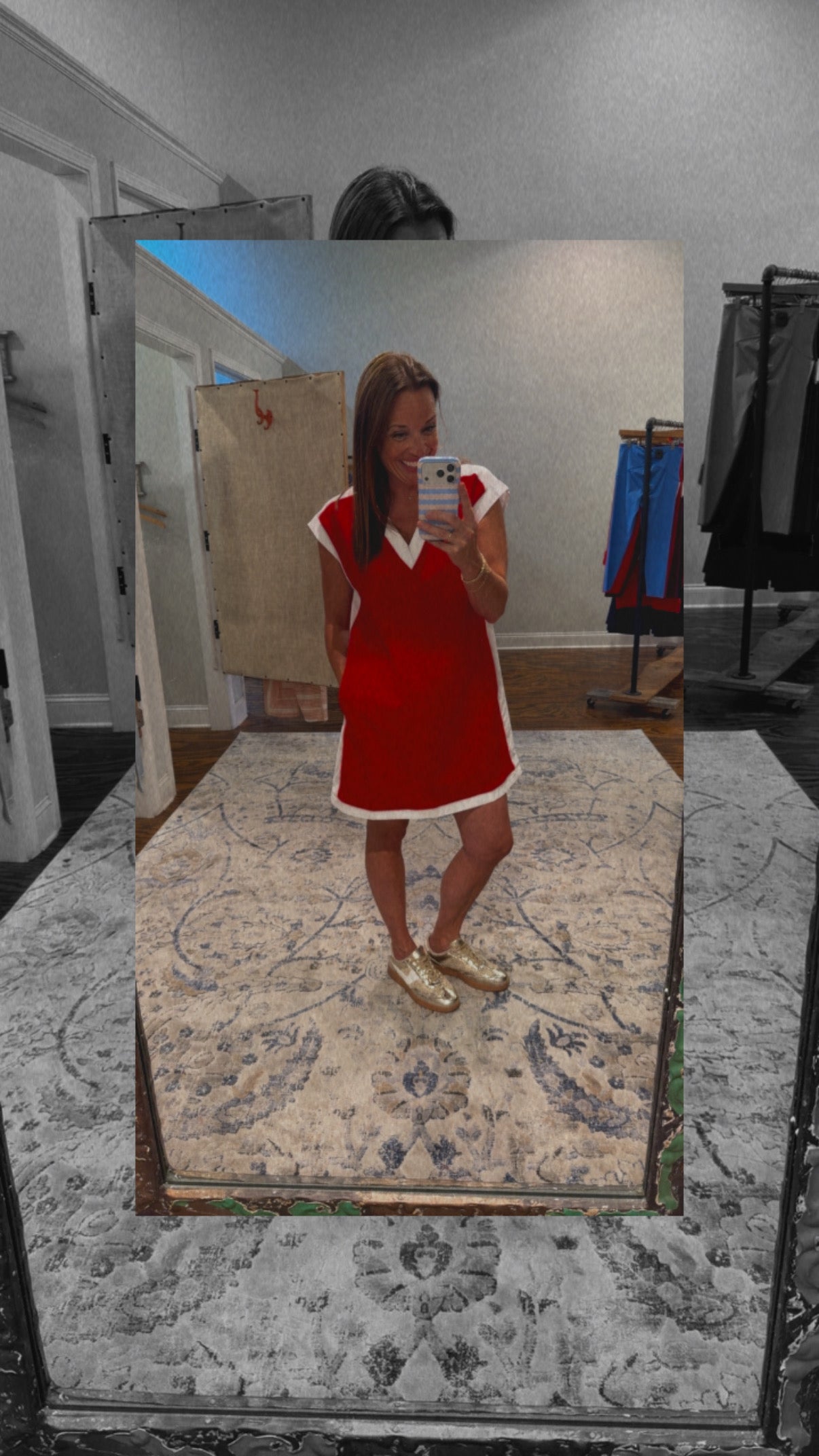 Red white panel shift dress