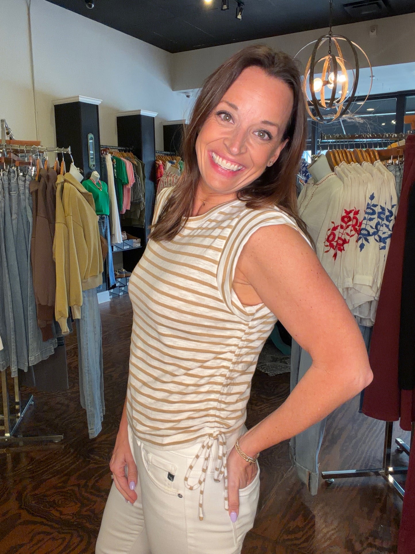 Tan side drawstring top