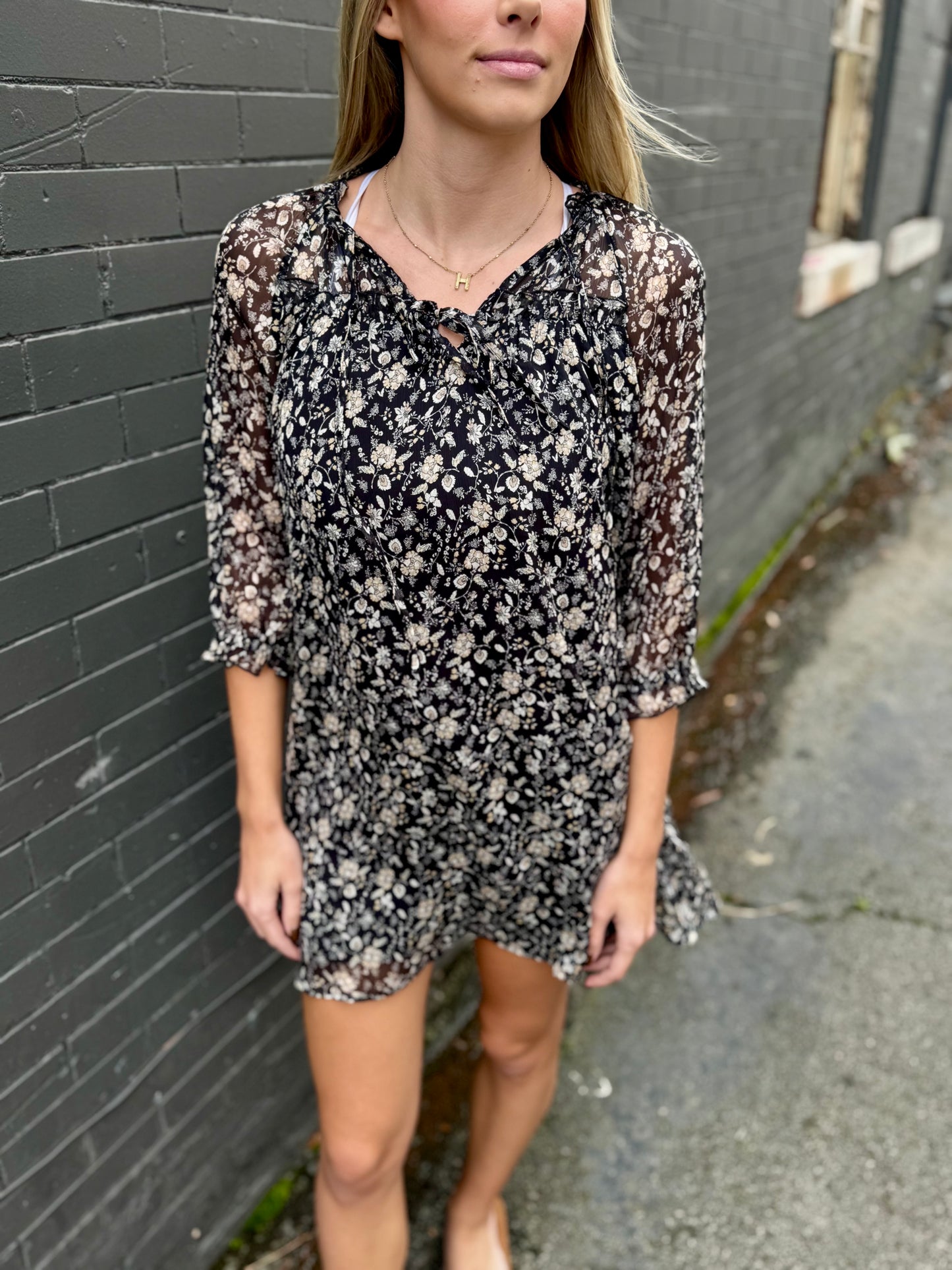 Black floral drop shoulder dress