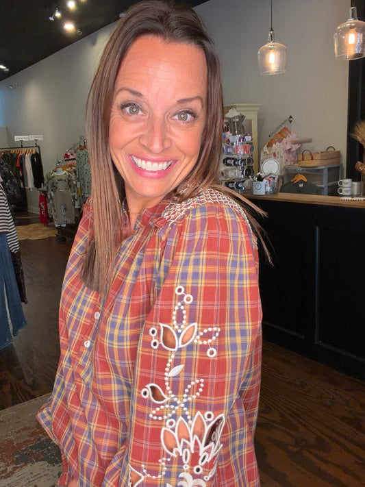 Plaid rust embroidered sleeve top