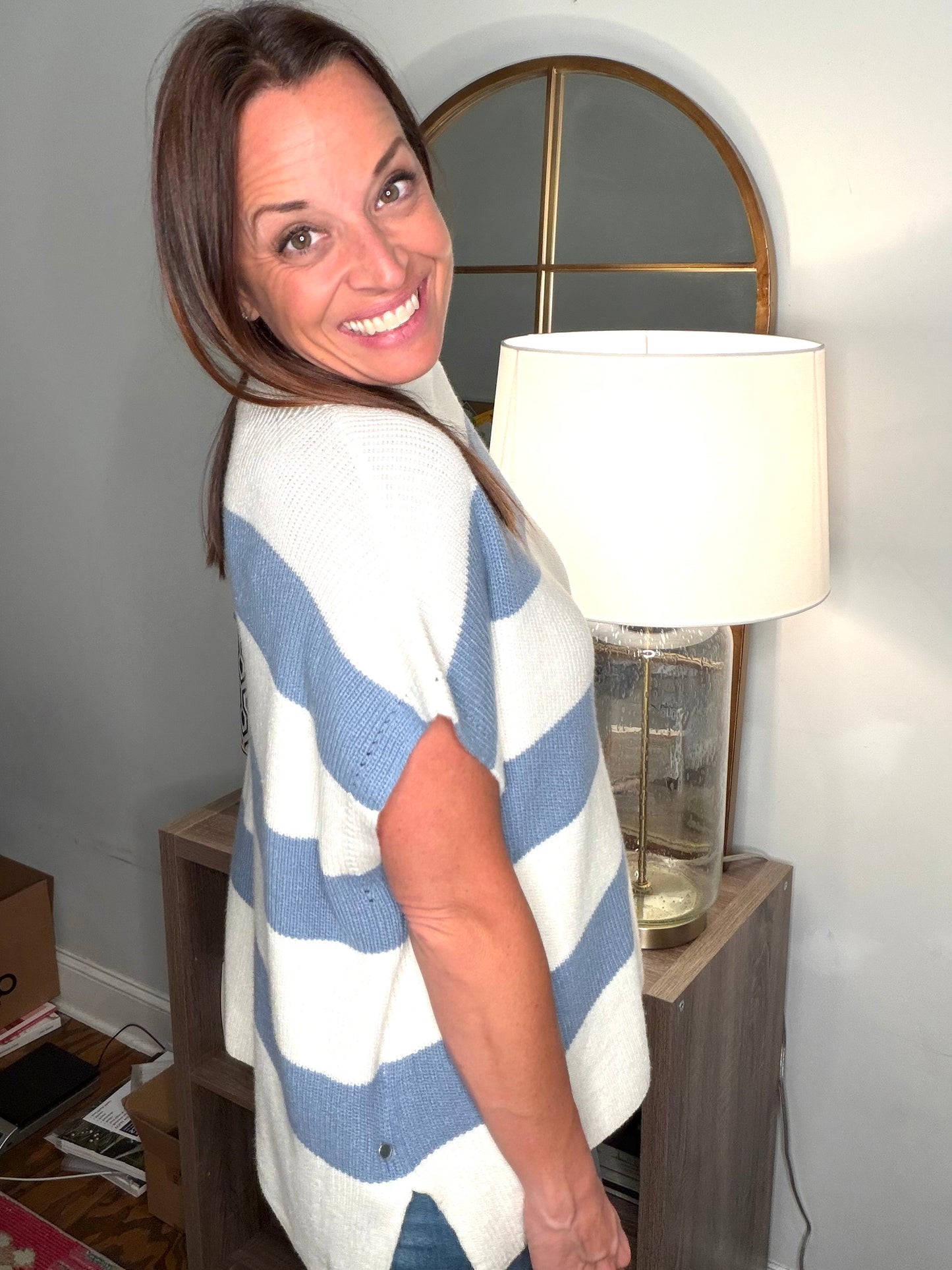Denim/white sleeveless sweater
