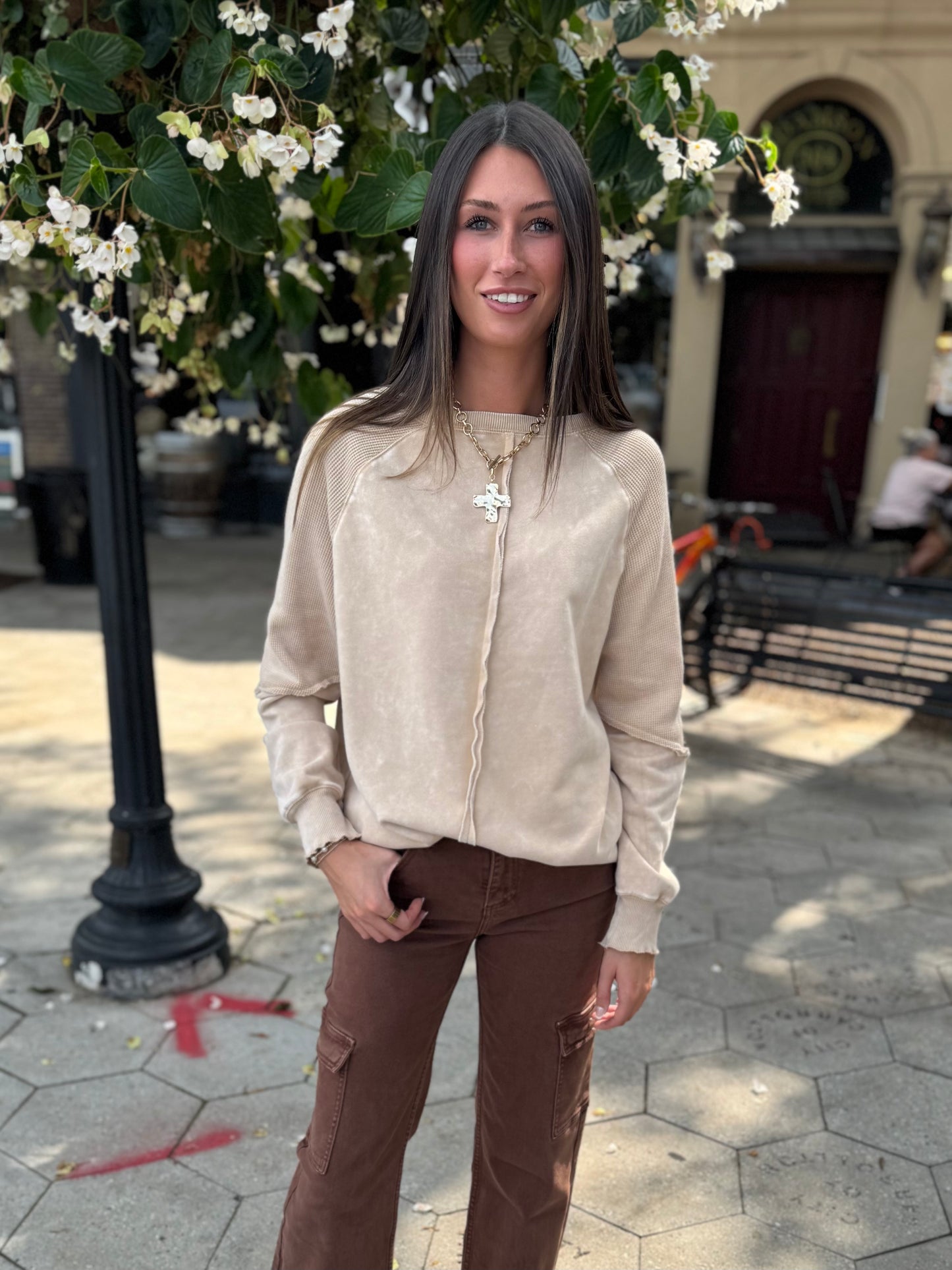 Beige waffle raglan sweatshirt