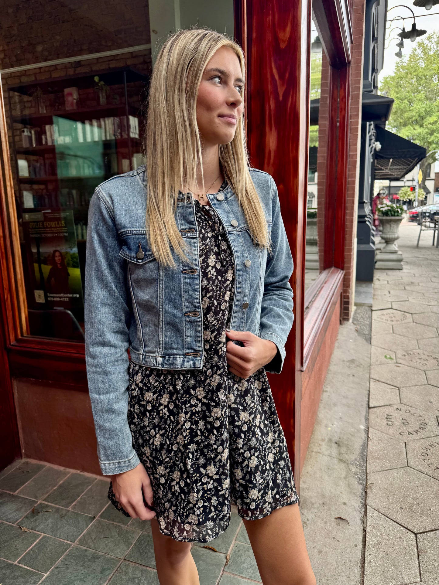 Collarless denim jacket