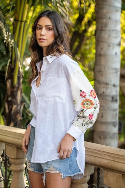 White embroidered sleeve button down