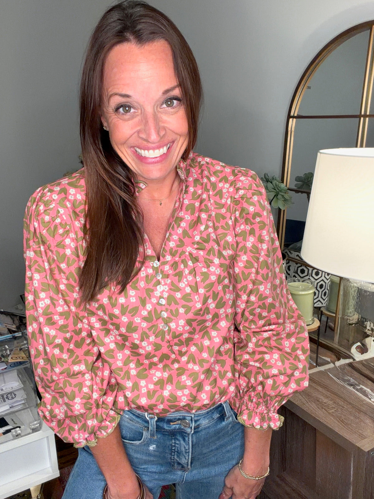 Pink/olive botanical top