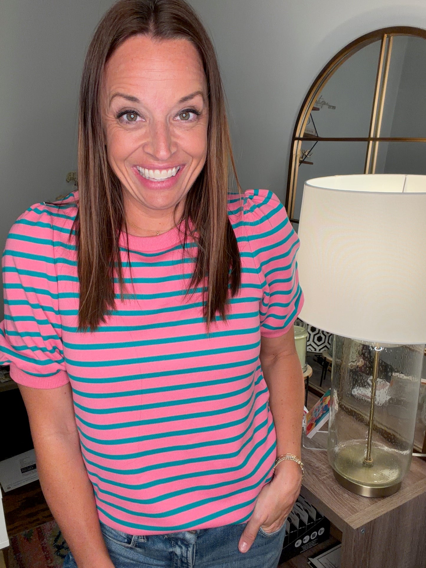 Pink/green puff sleeve top