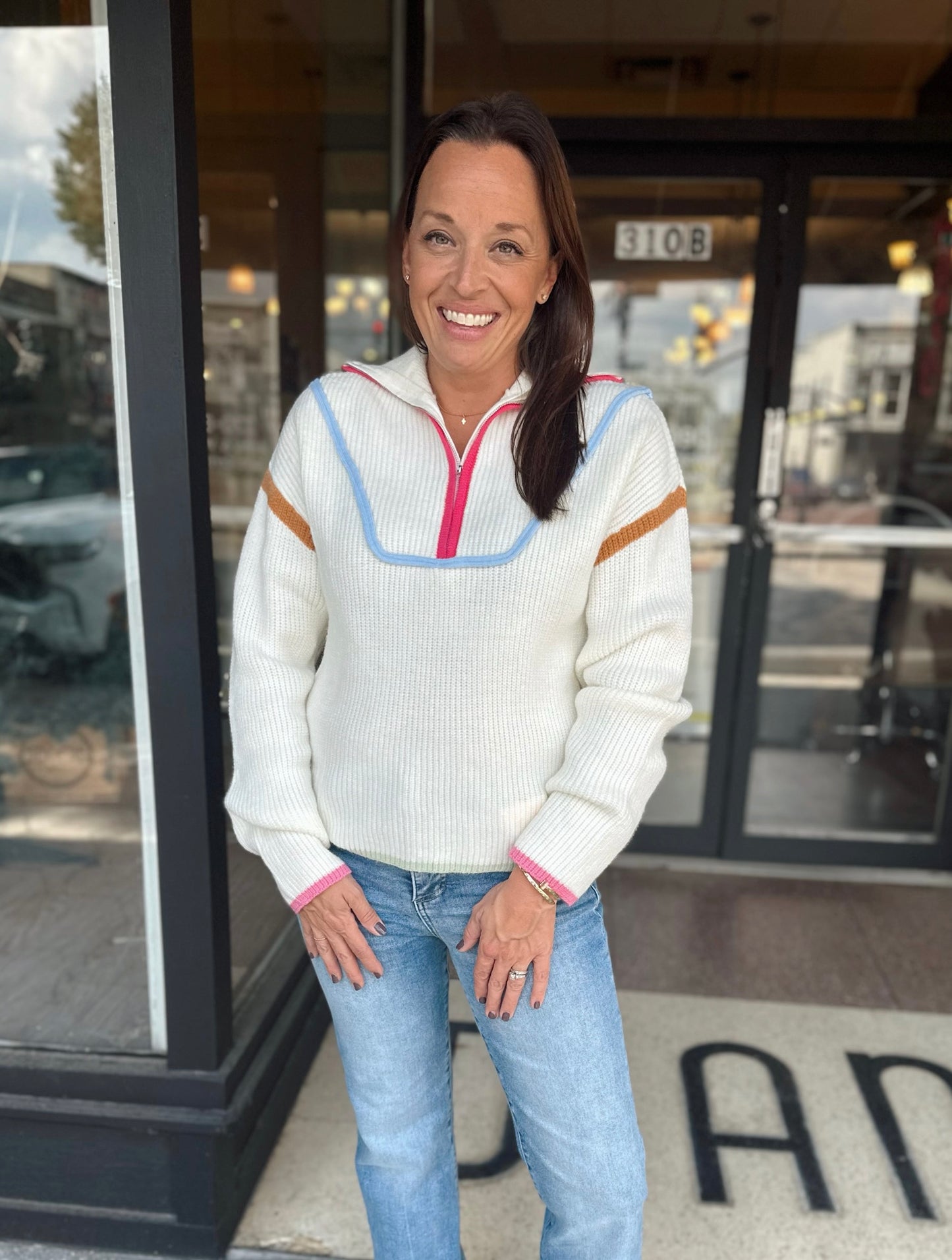 Ivory multi color zip up sweater