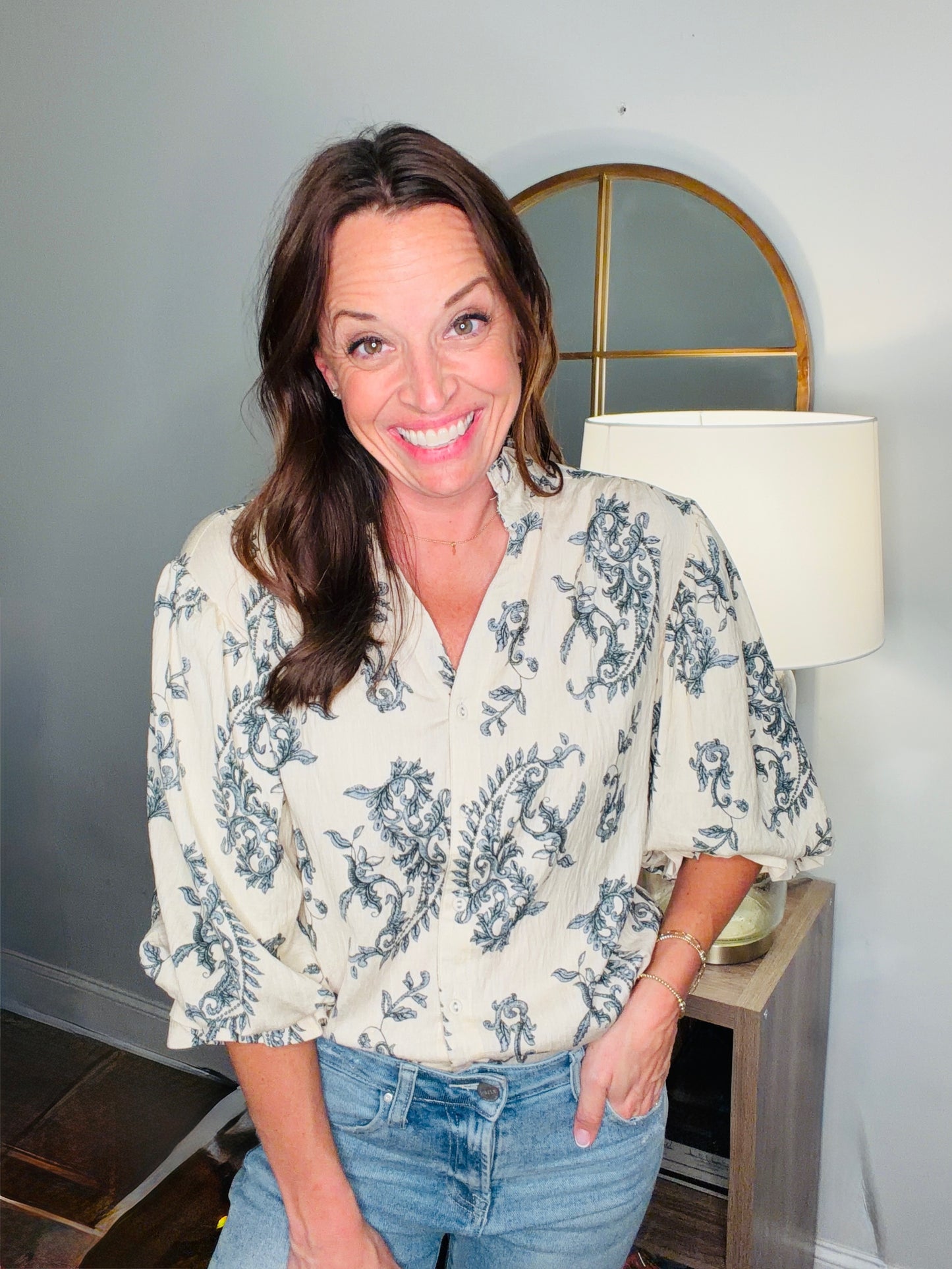 Cream navy button down top