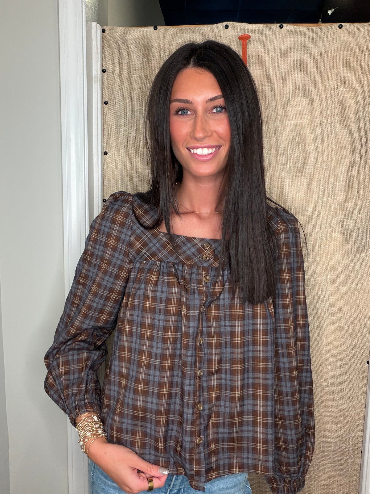 Plaid square neck blouse