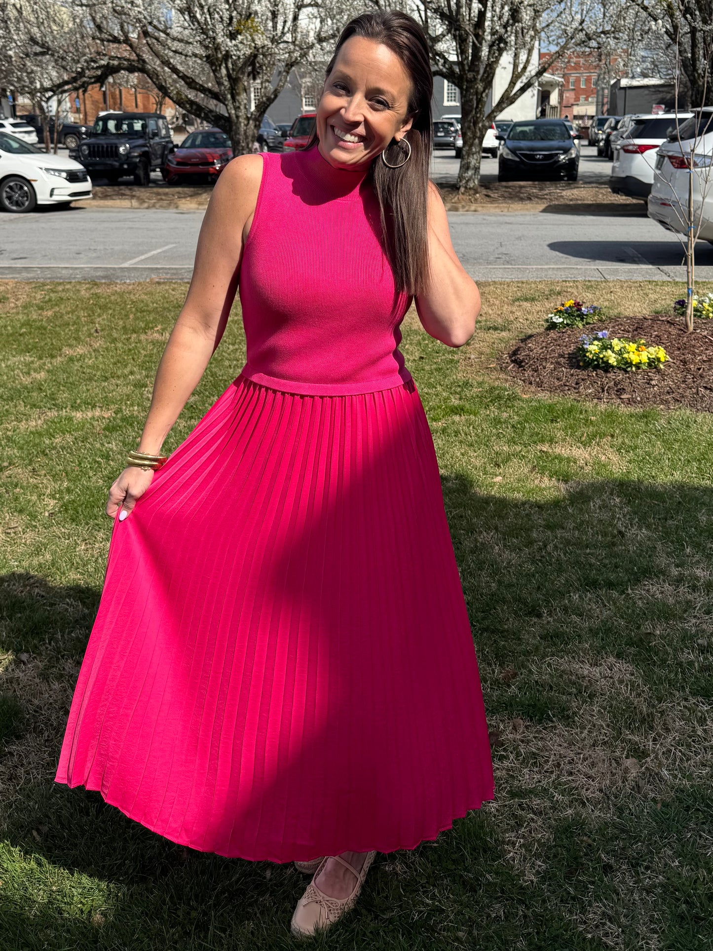 Pink pleated skirt maxi