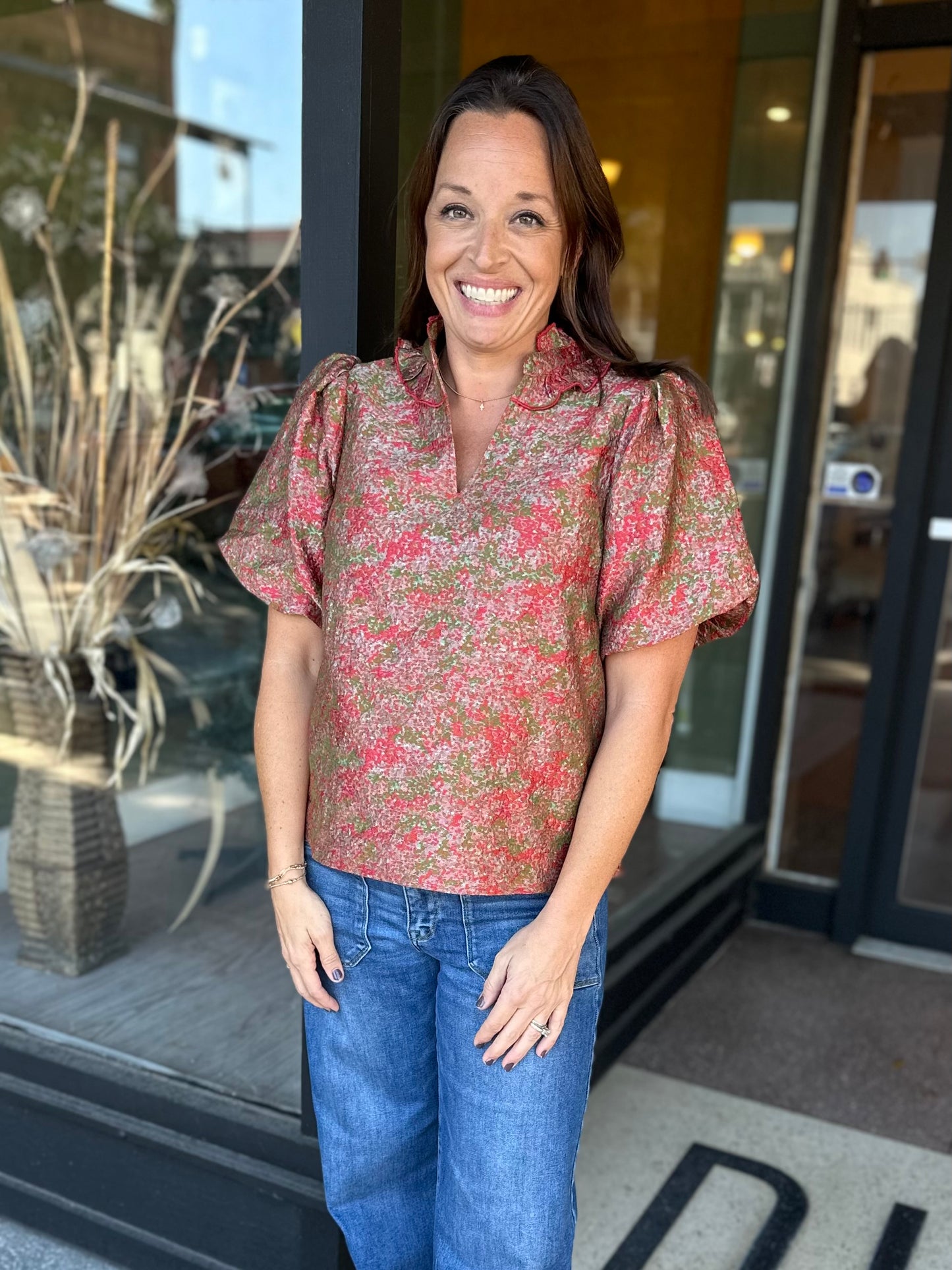 Rust jacquard print top