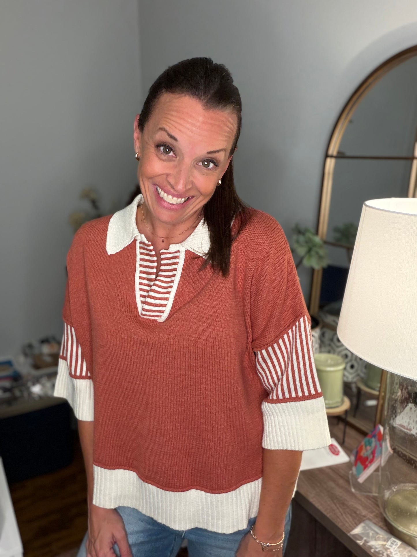 Rust stripe detail top