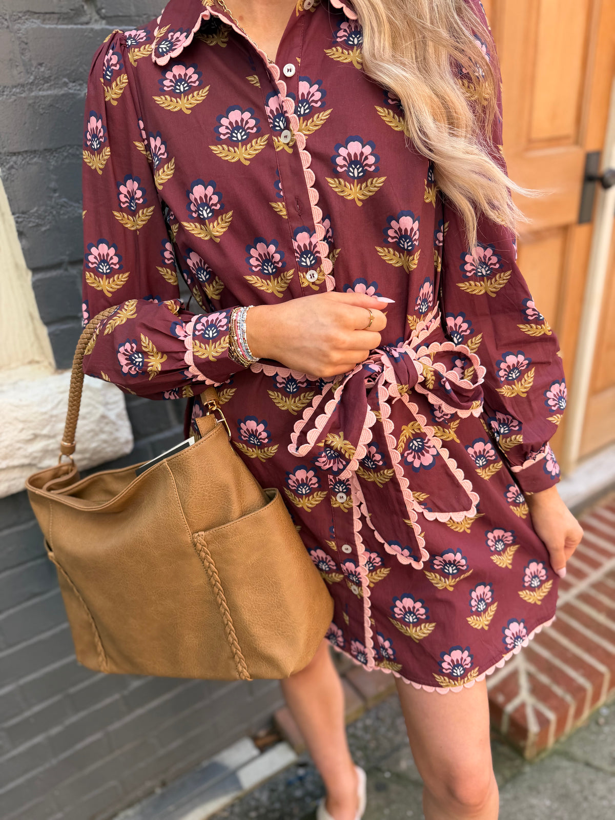 Burgundy scallop tie dress