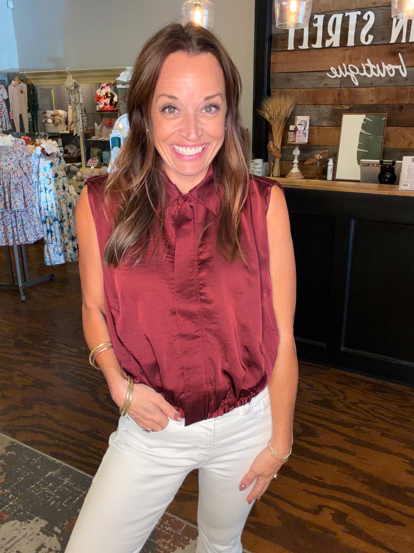 Pleated burgundy zip up top