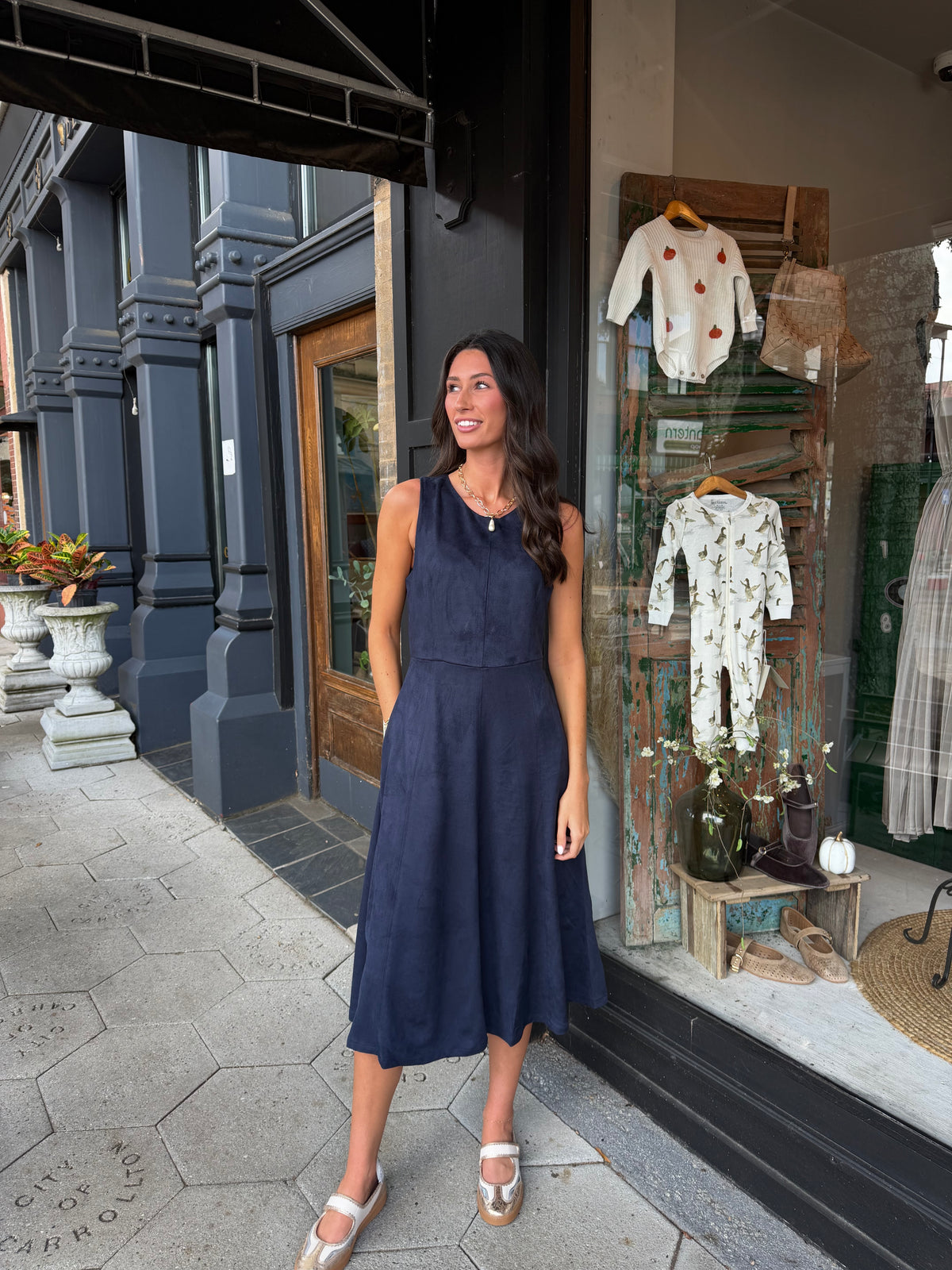 Navy suede midi dress