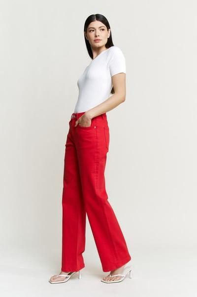 Red straight leg denim