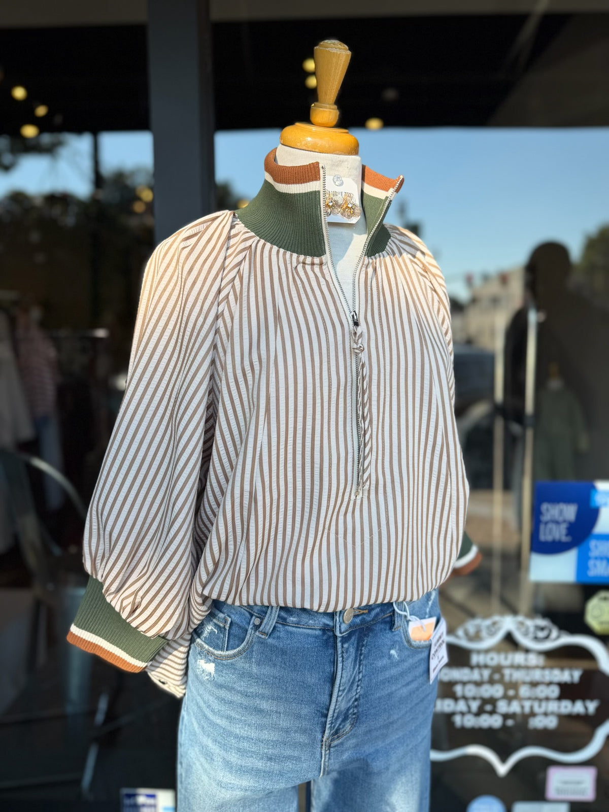 Taupe stripe zip top