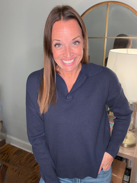 Navy split neck top
