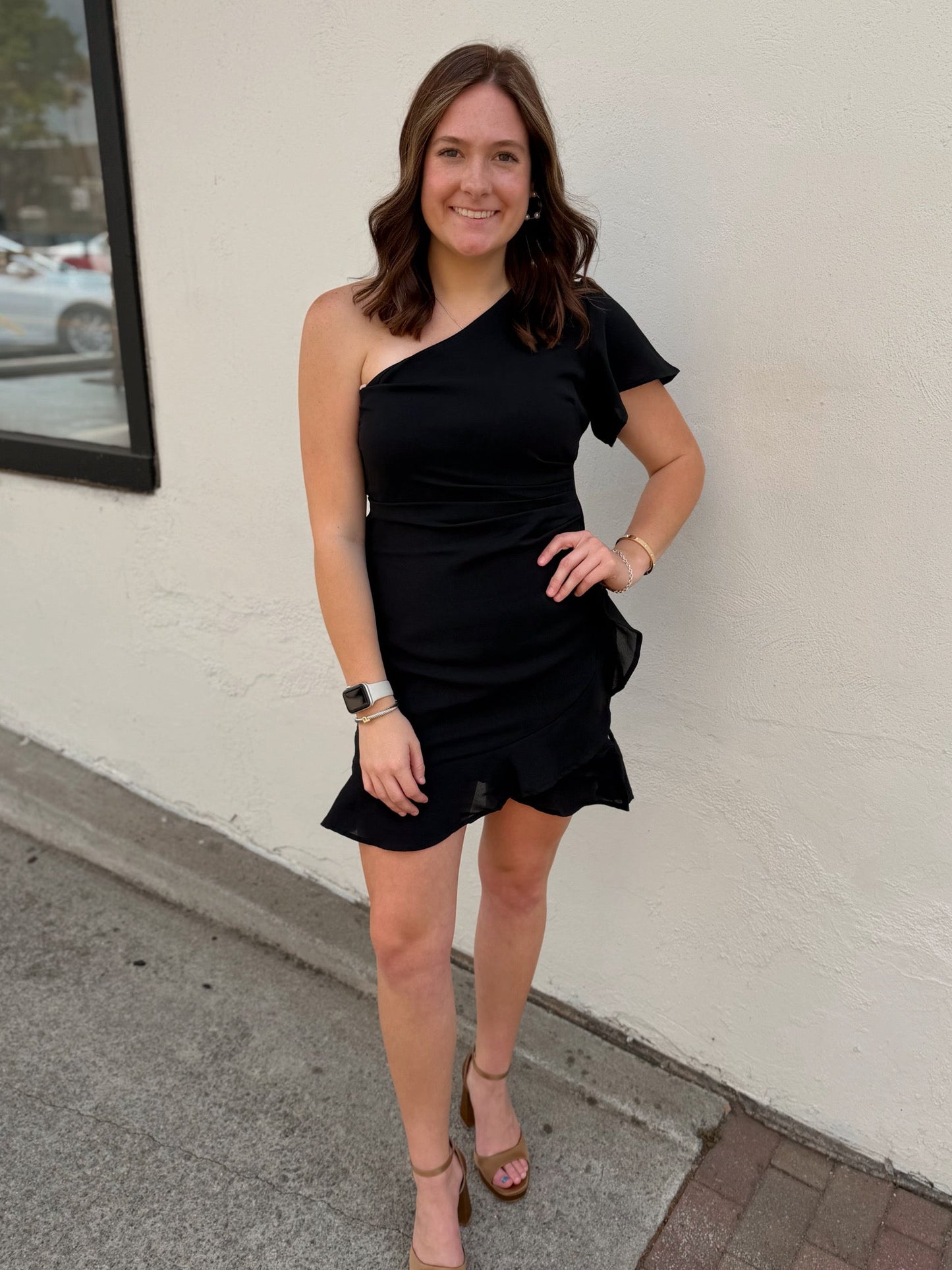 One shoulder black flutter dress