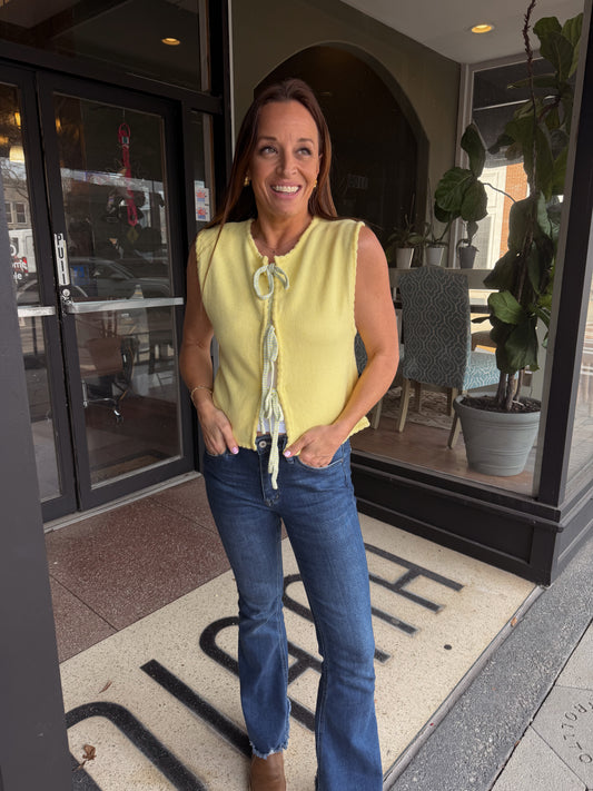 Tie front yellow cardigan