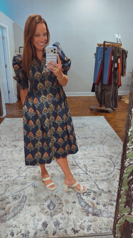 Navy mix botanical midi dress