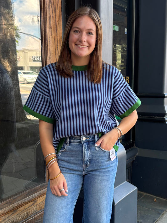 Short sleeve striped sweater