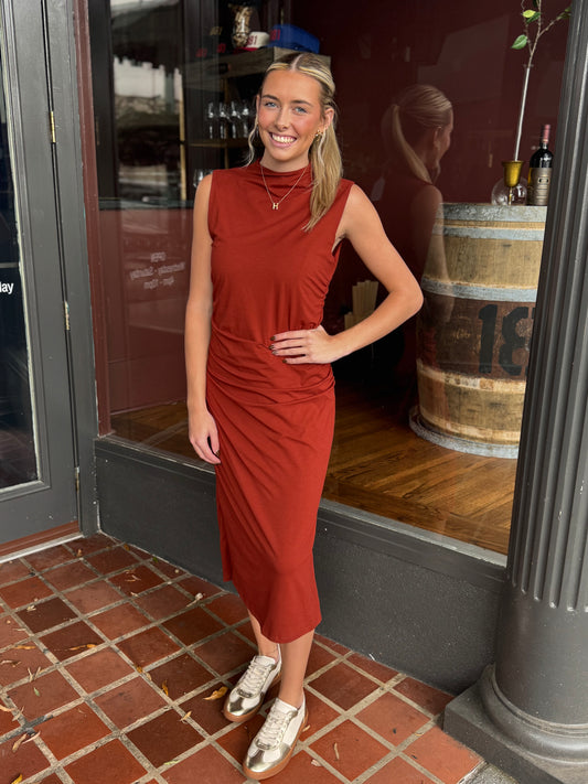 Rust cinched midi dress