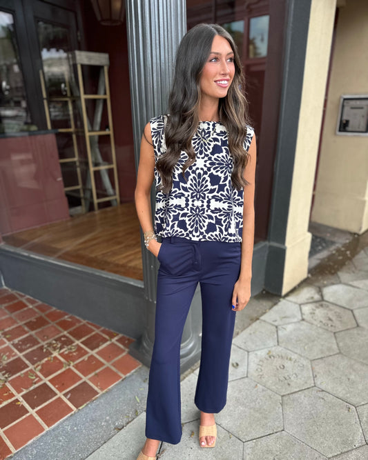 Navy print linen top