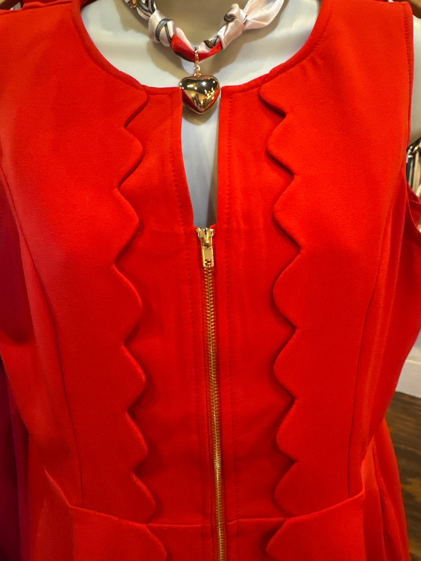 Red scallop zipper dress