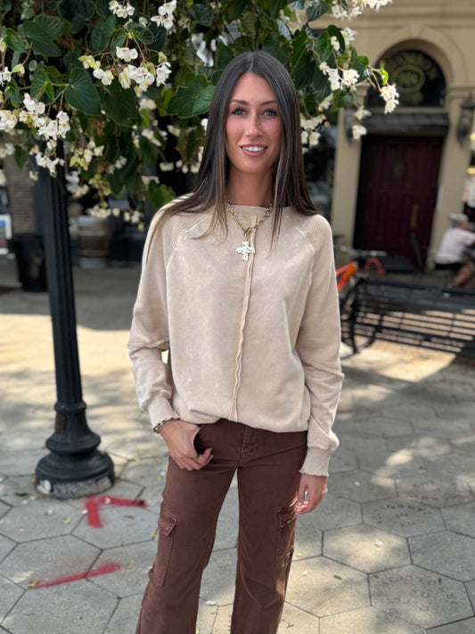 Beige waffle raglan sweatshirt