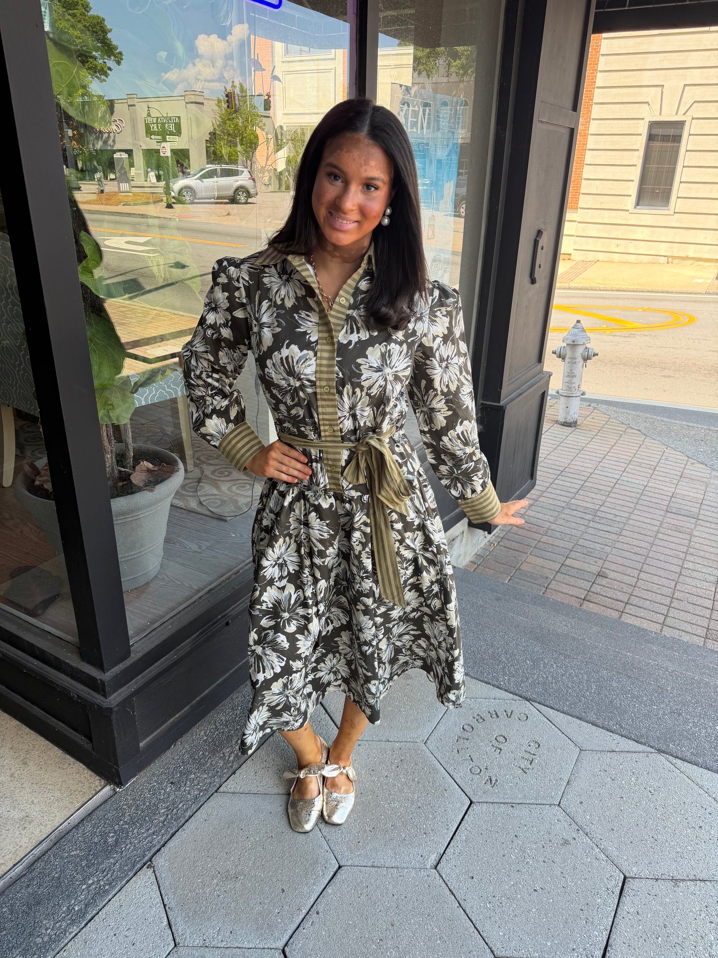 Floral olive belted midi