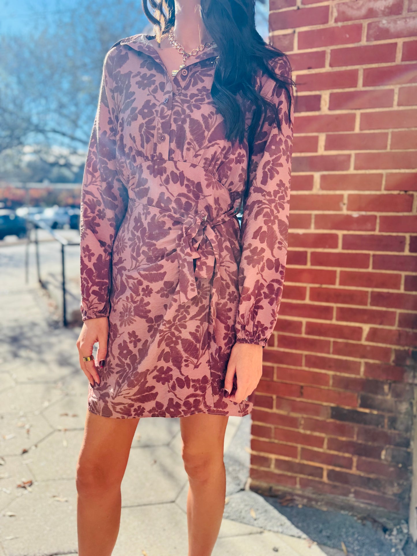 Brown floral tie waist dress