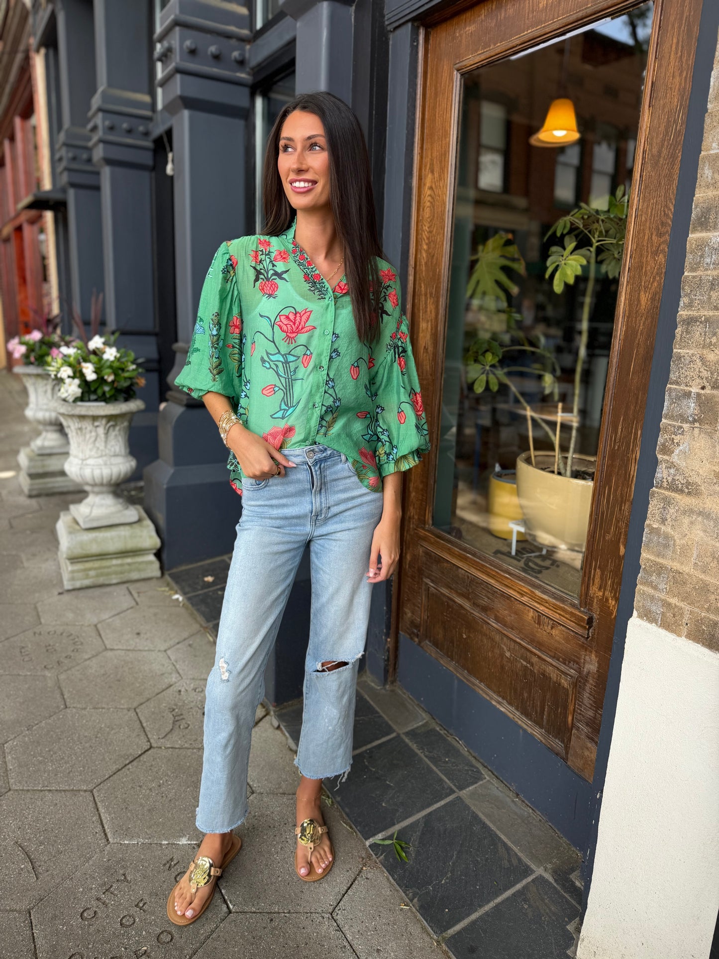 Botanical green button up top