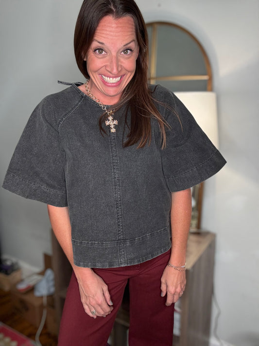 Tie back denim blouse