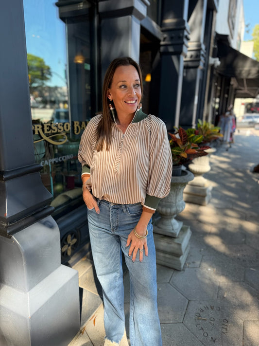 Taupe stripe zip top
