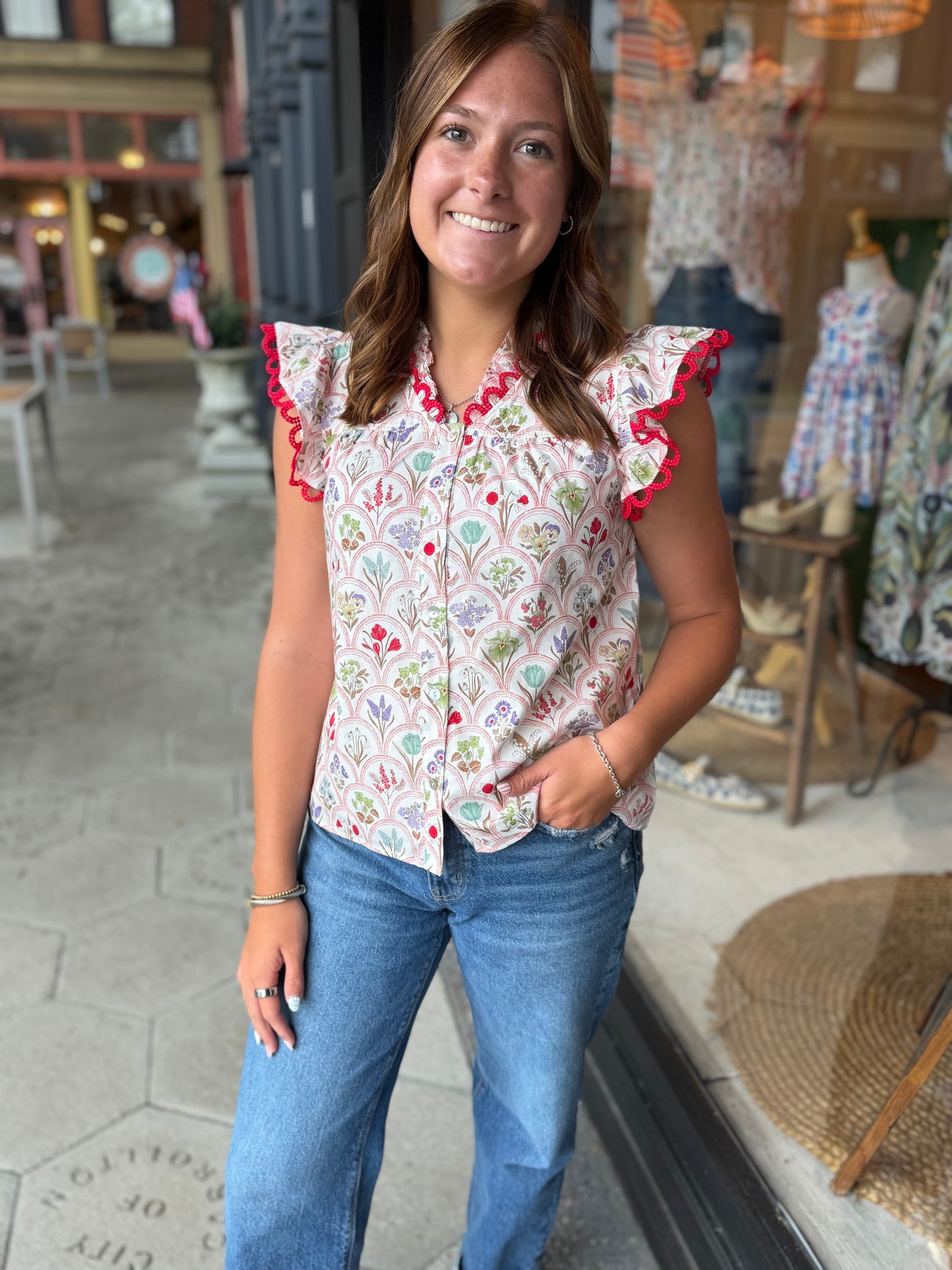 Red botanical top