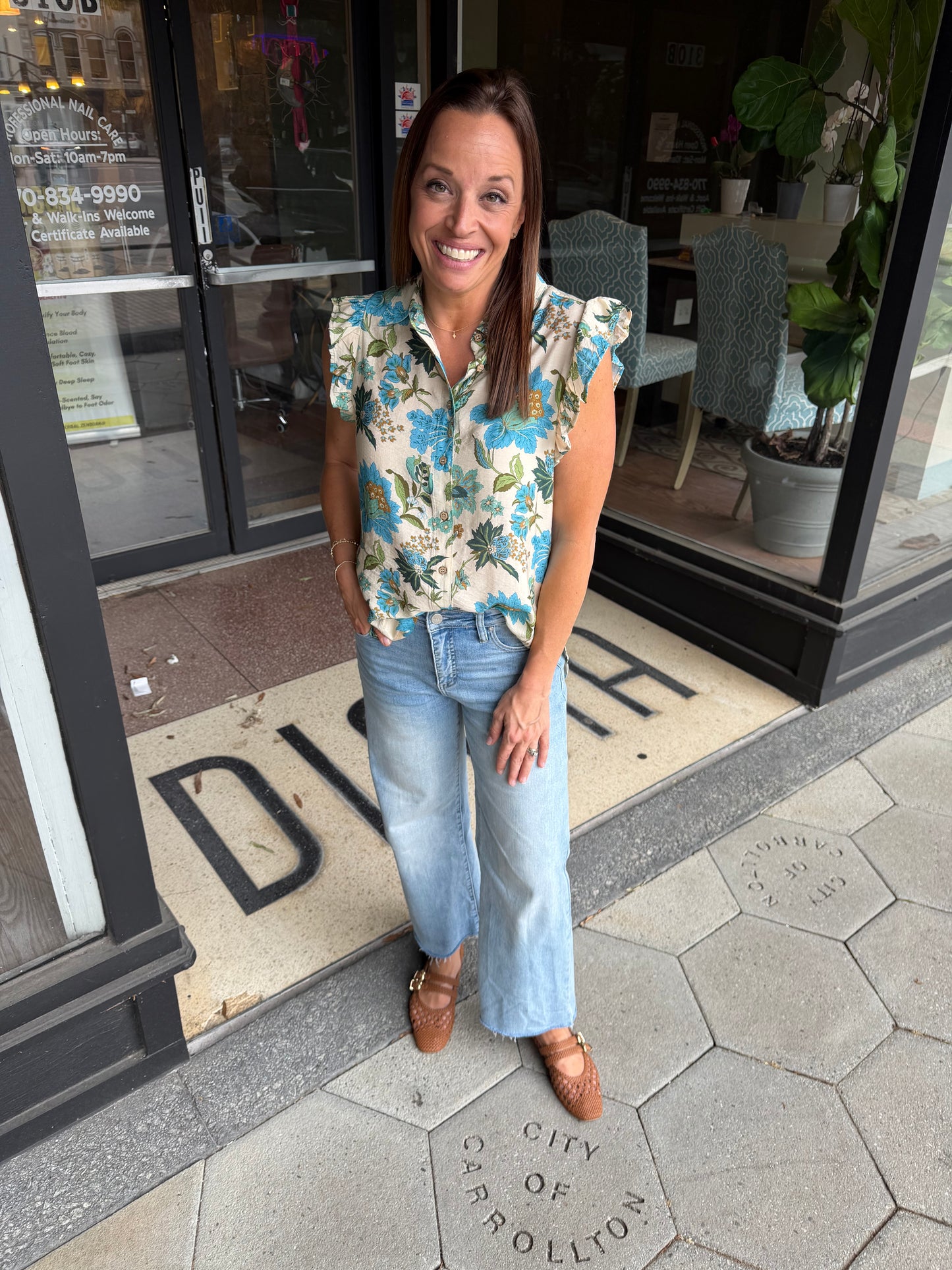 Blue floral mix top