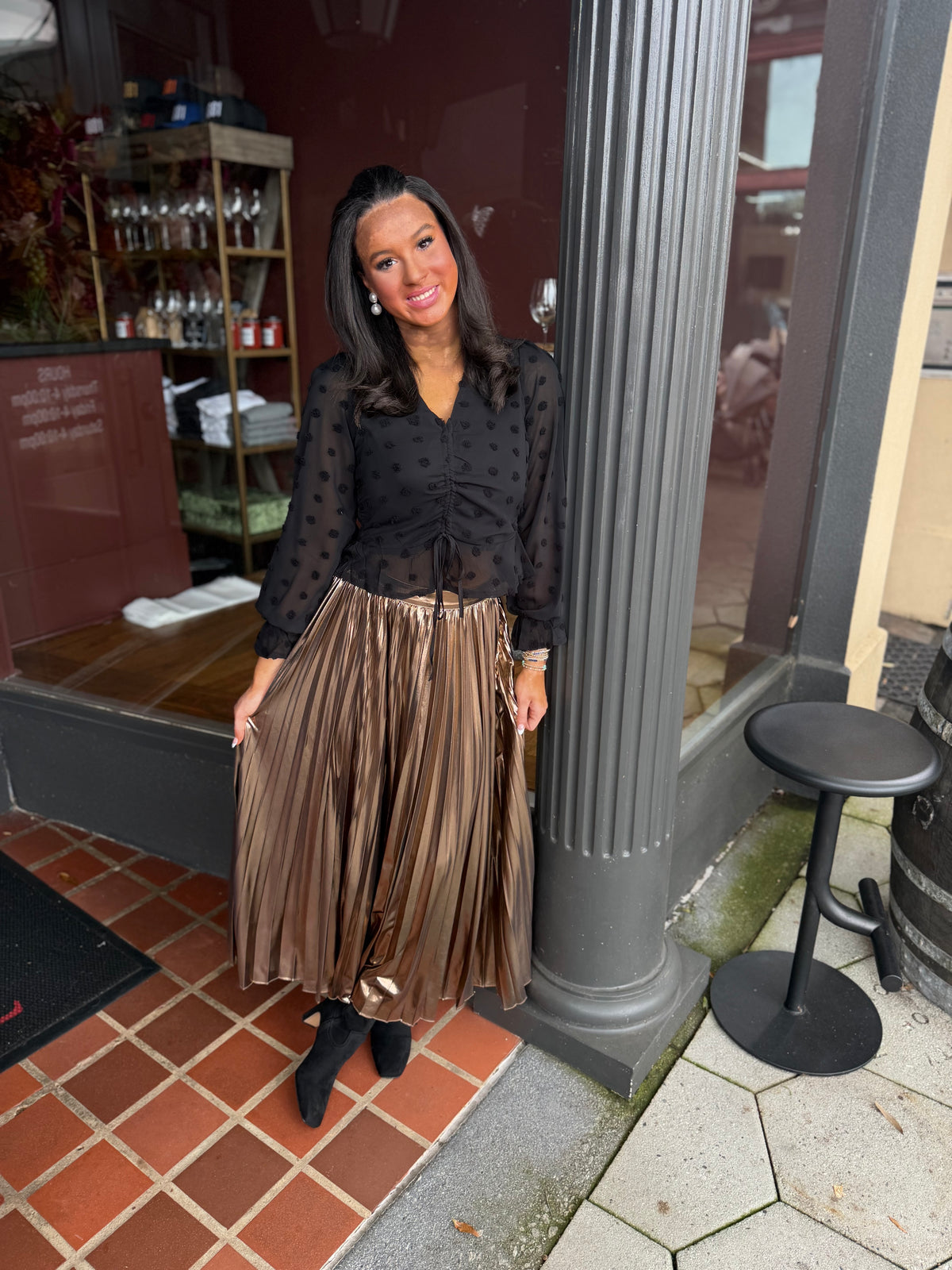 Pleated bronze maxi skirt