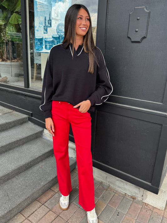 Red straight leg denim