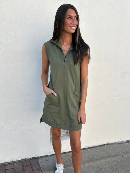 Olive zipper cap sleeve dress