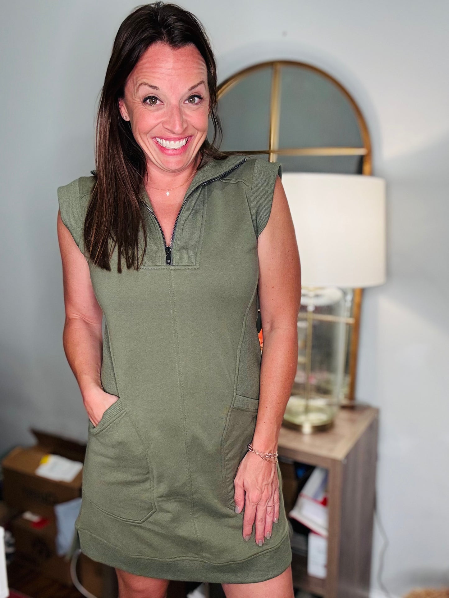 Olive zipper cap sleeve dress