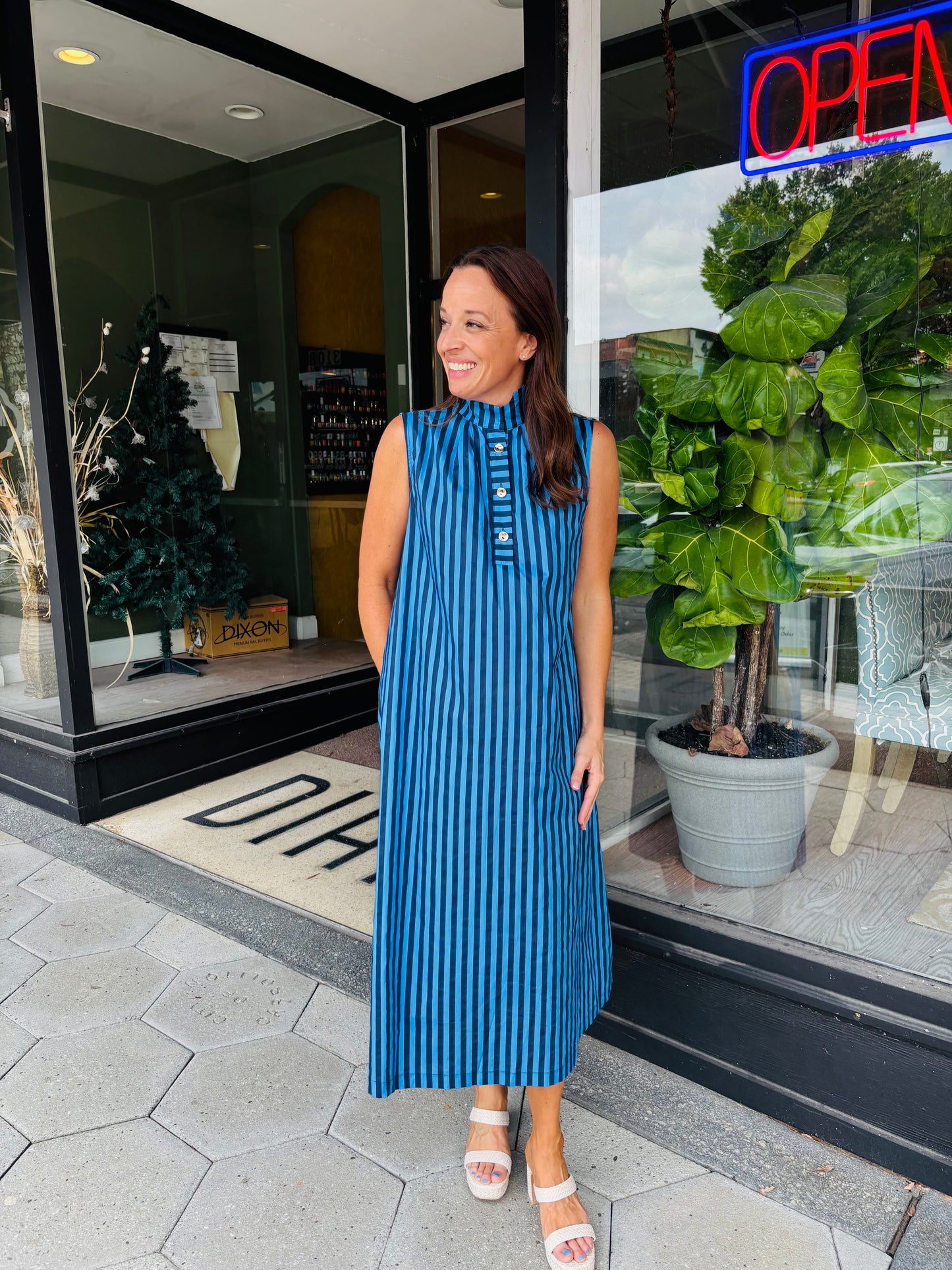 Blue striped high collar midi