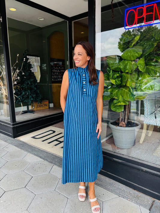 Blue striped high collar midi
