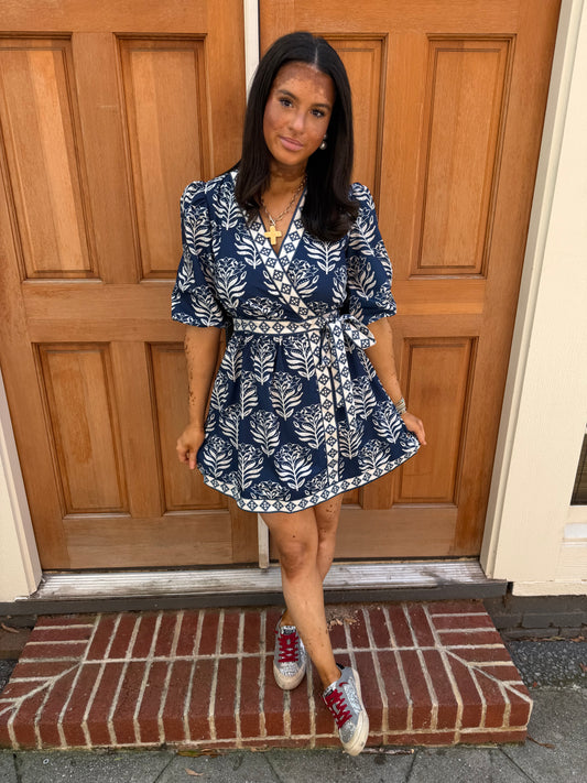 Navy print tie dress