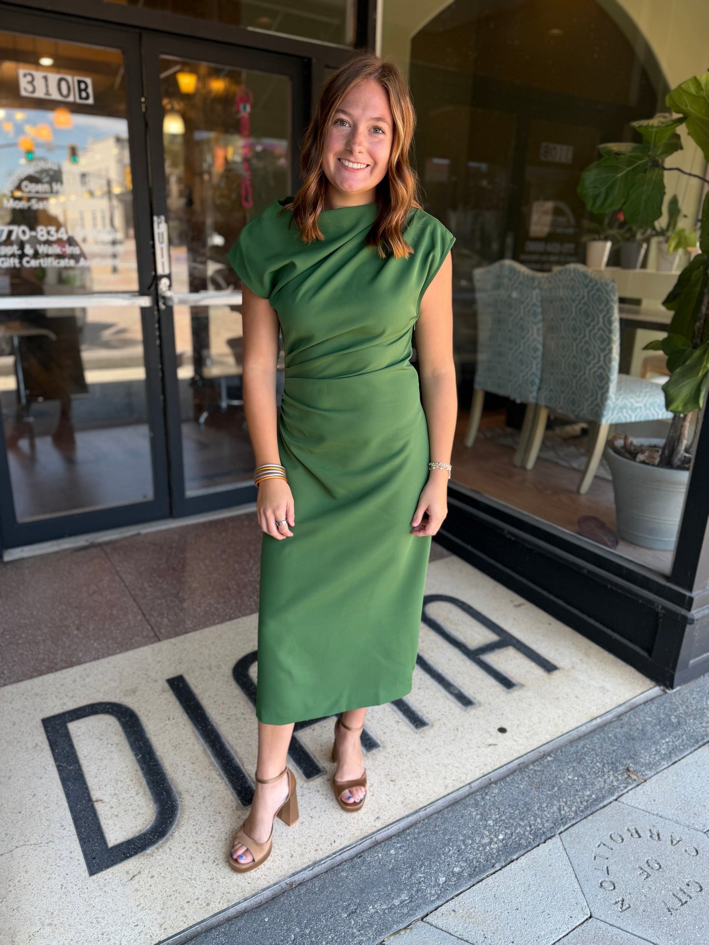 Asymmetrical neck midi dress