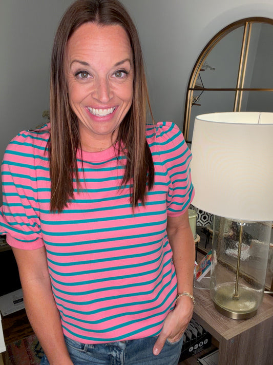 Pink/green puff sleeve top