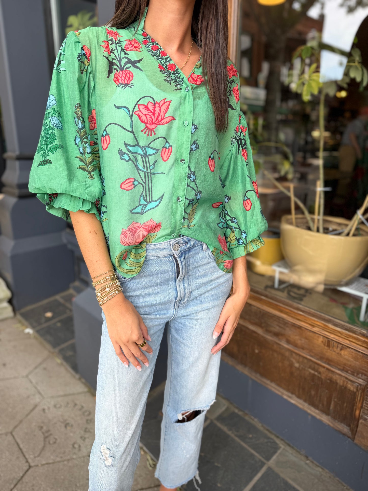 Botanical green button up top