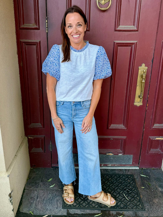 Floral fancy bubble sleeve top